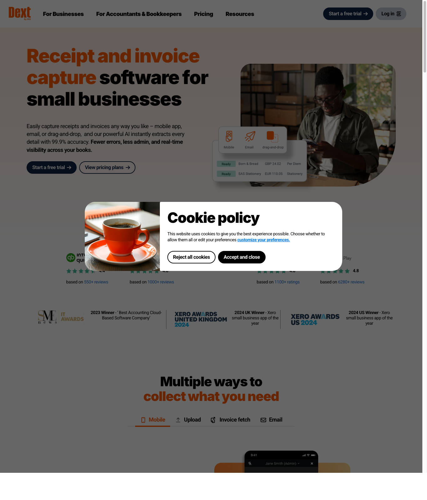 Dext receipt and invoice capture page captured May 10, 2026.