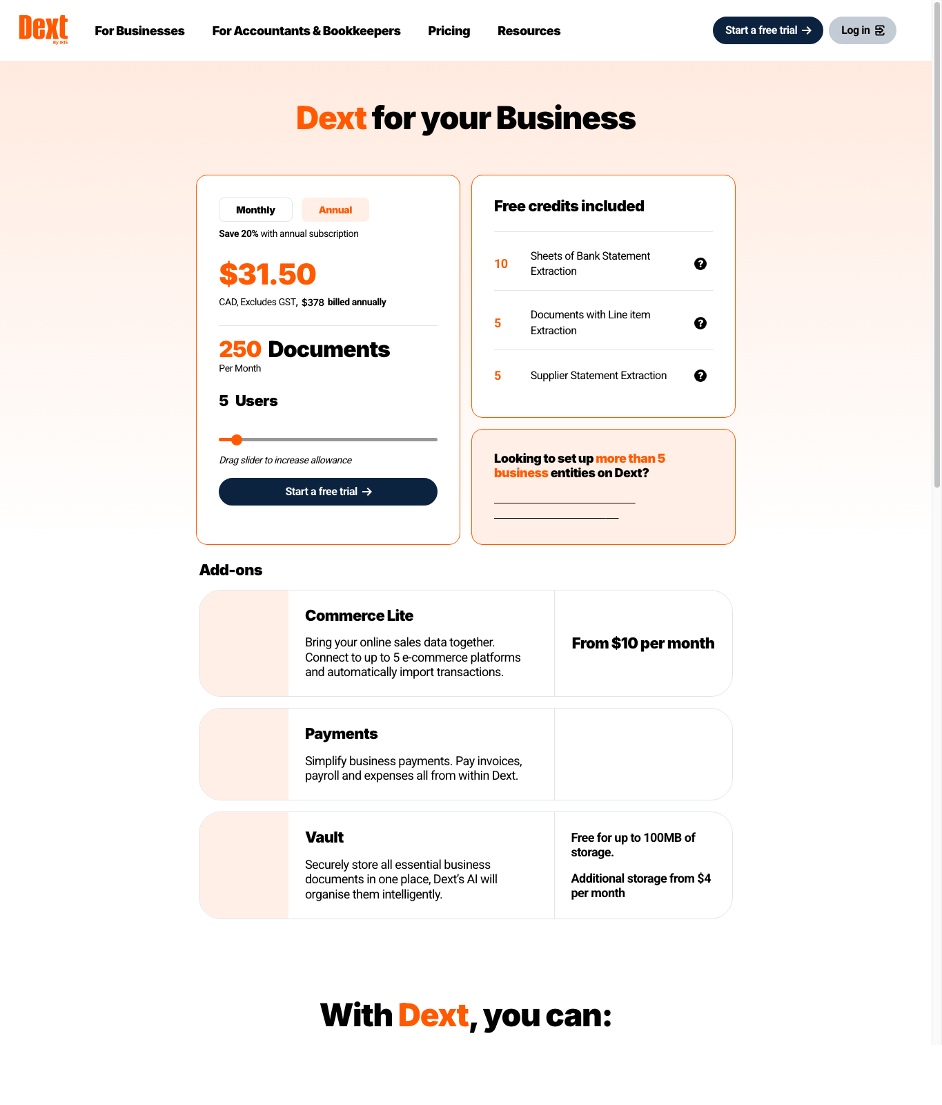 Dext Canada business pricing page captured May 10, 2026.