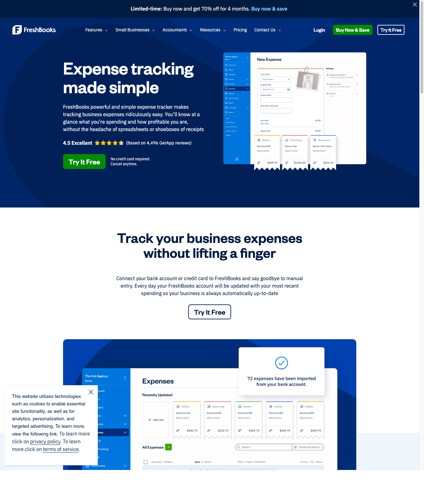 FreshBooks expense tracker page captured May 10, 2026.