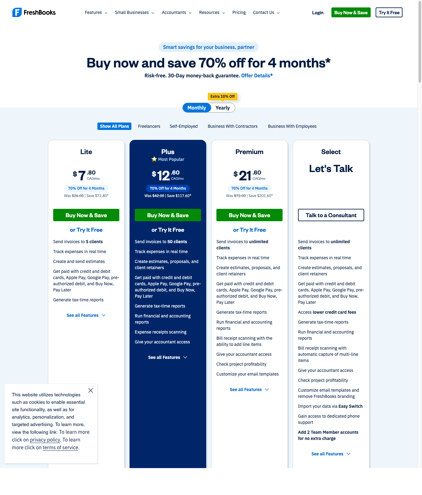 FreshBooks Canada pricing page showing Lite, Plus, Premium, and Select plans captured May 10, 2026.