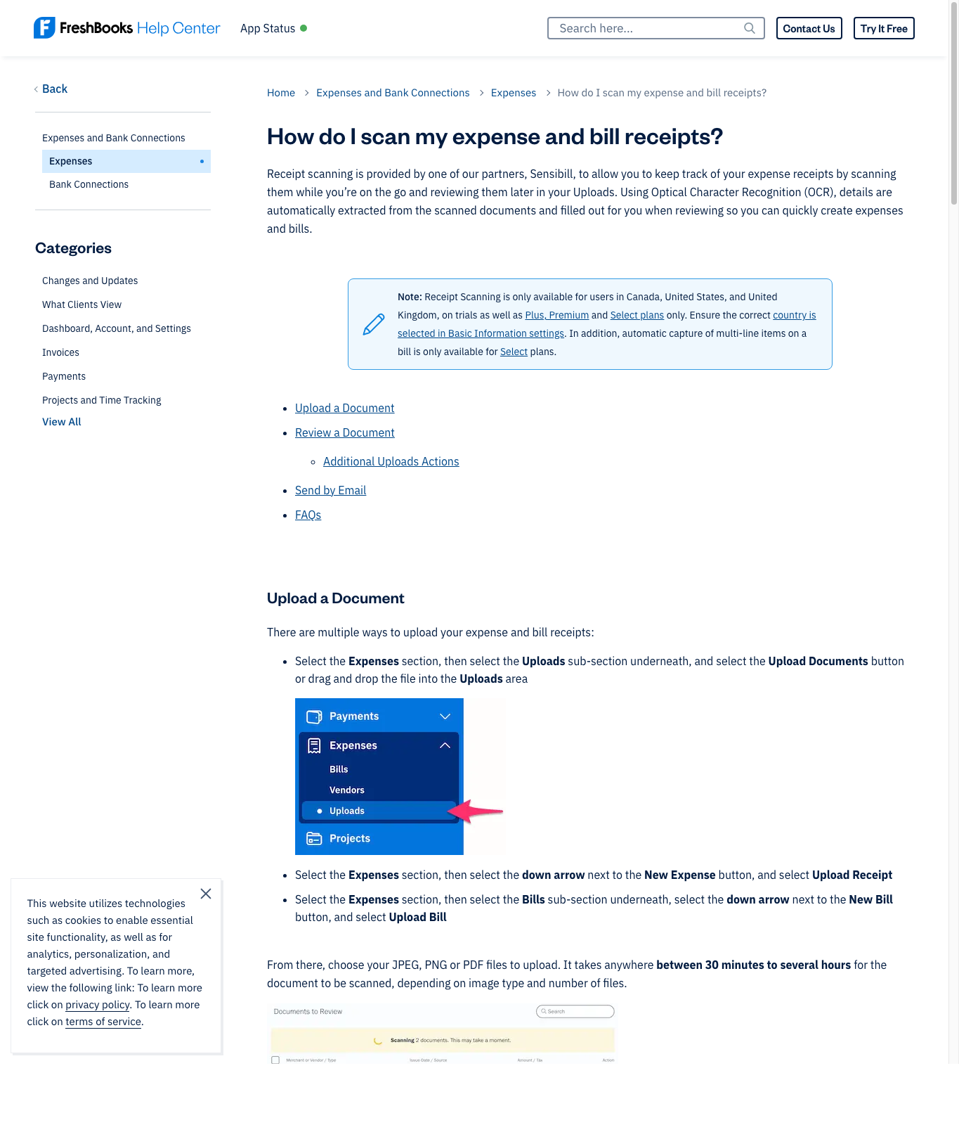 FreshBooks receipt scanning support article captured May 10, 2026.