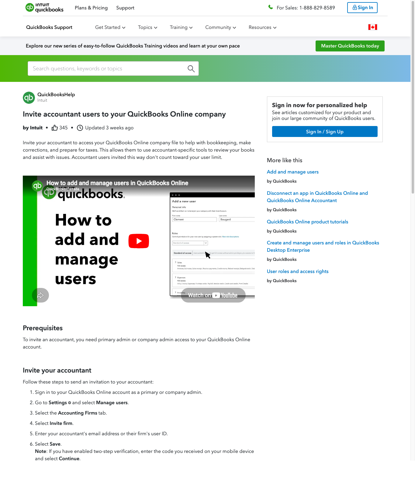 QuickBooks Canada accountant user support article captured May 9, 2026.