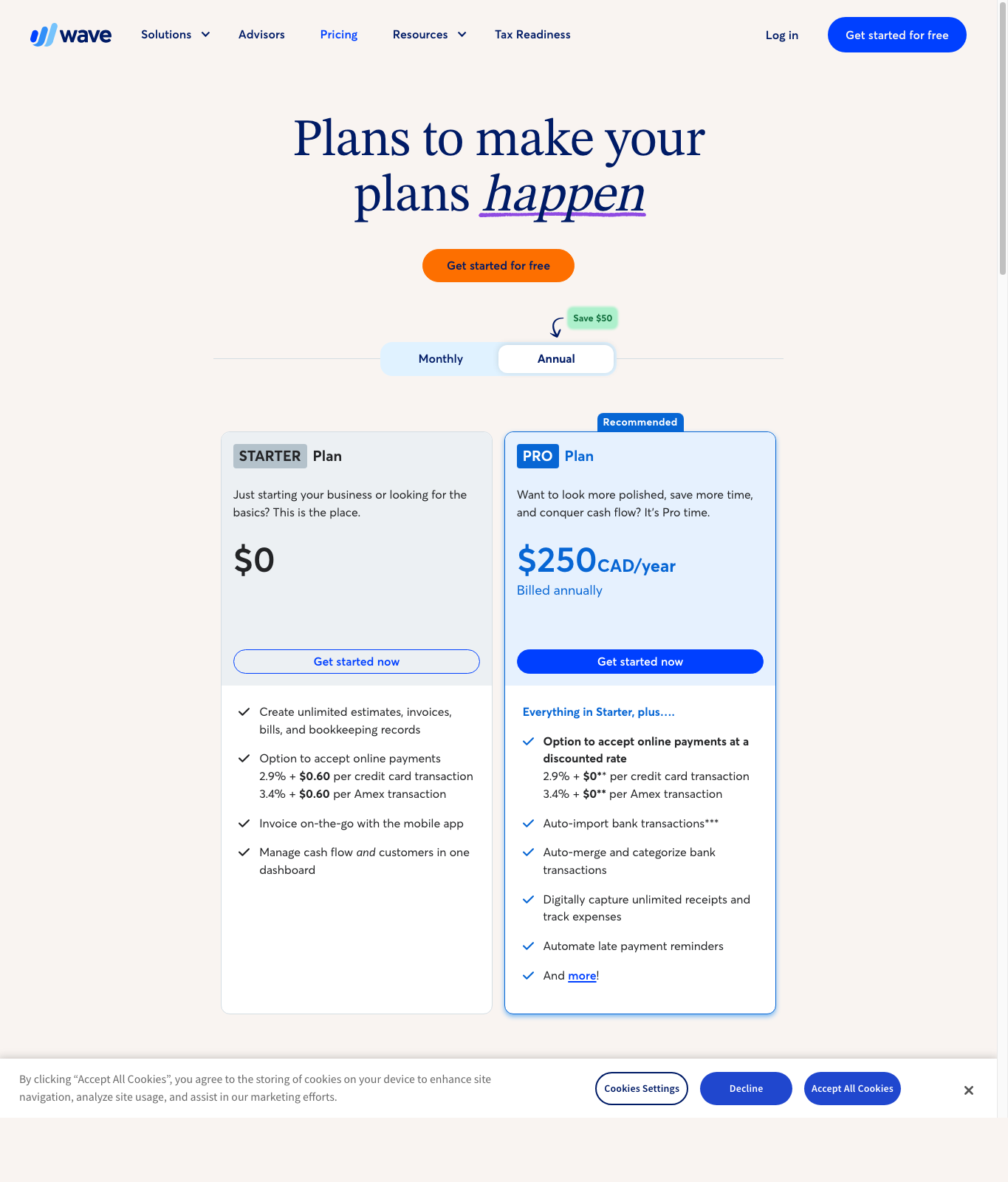 Wave pricing page captured May 10, 2026.