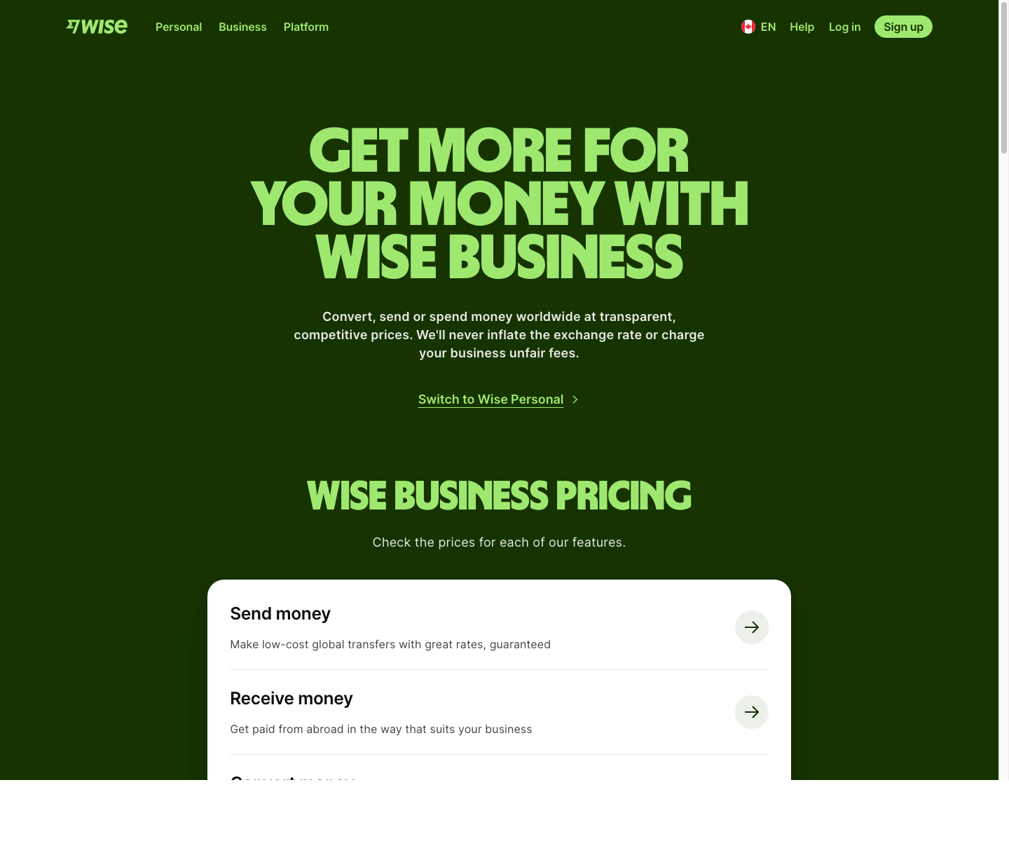 Wise Business Canada pricing page captured May 10, 2026.