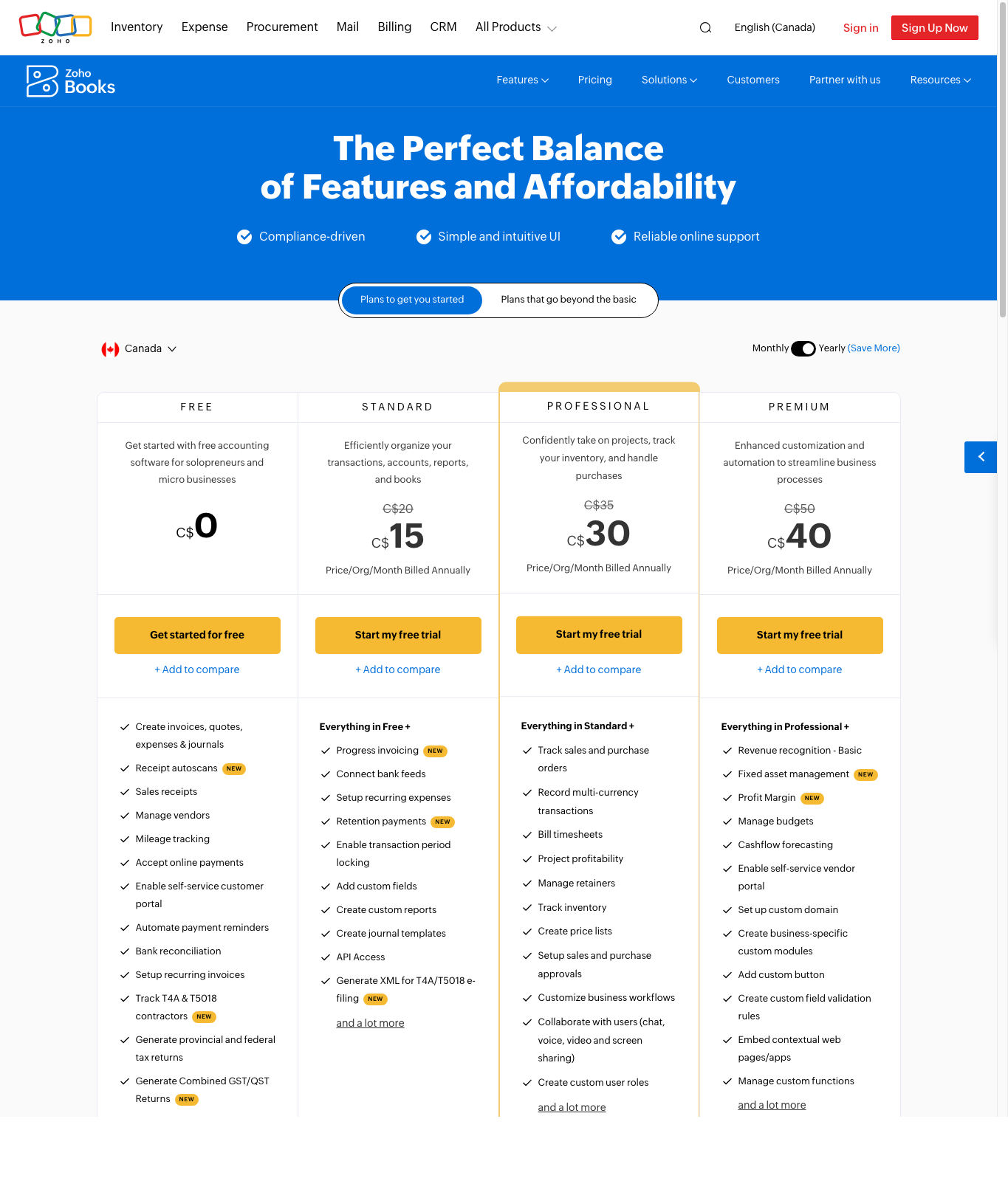 Zoho Books Canada pricing page captured May 10, 2026.